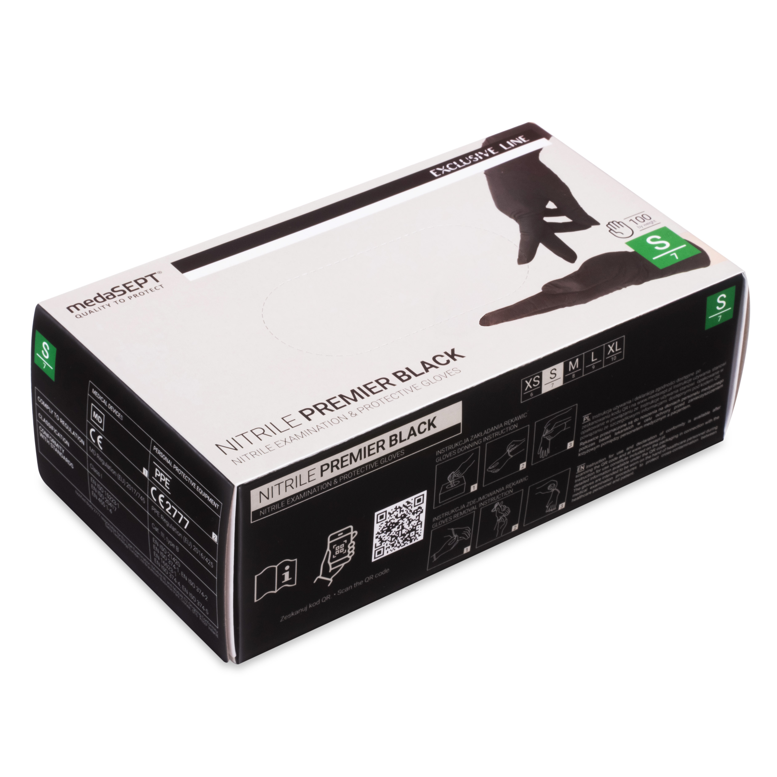 medaSEPT NITRILE PREMIER S diagnostic gloves, nitrile, powder-free, black, 100 pcs.