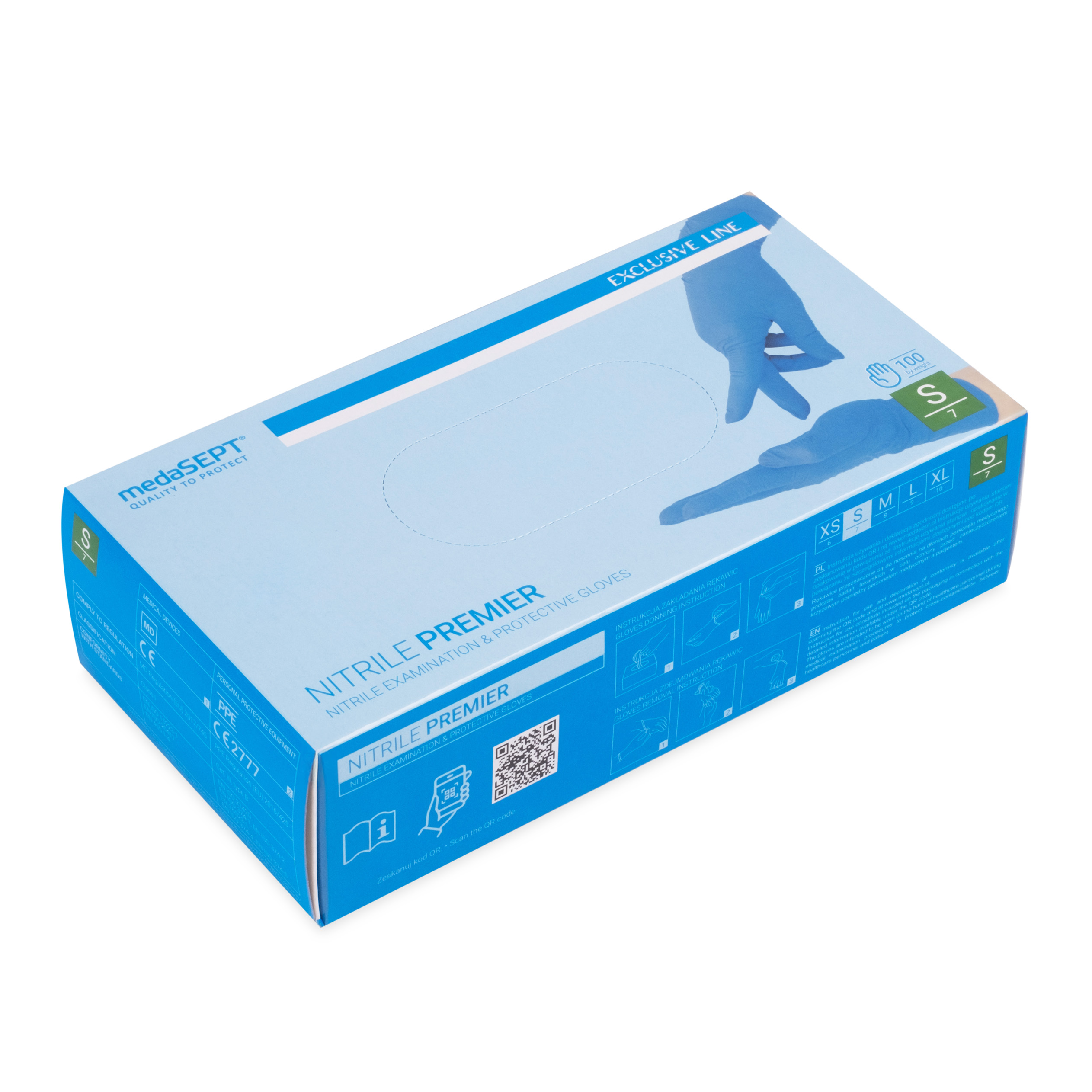 medaSEPT NITRILE PREMIER S diagnostic gloves, nitrile, powder-free, blue, 100 pcs.