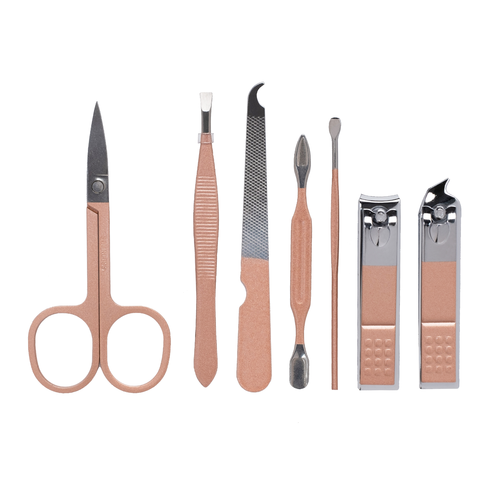 Zestaw 7 akcesoriów kosmetycznych do manicure, pedicure i regulacji brwi w beżowym etui Zestaw 7 akcesoriów kosmetycznych do manicure, pedicure i regulacji brwi w beżowym etui